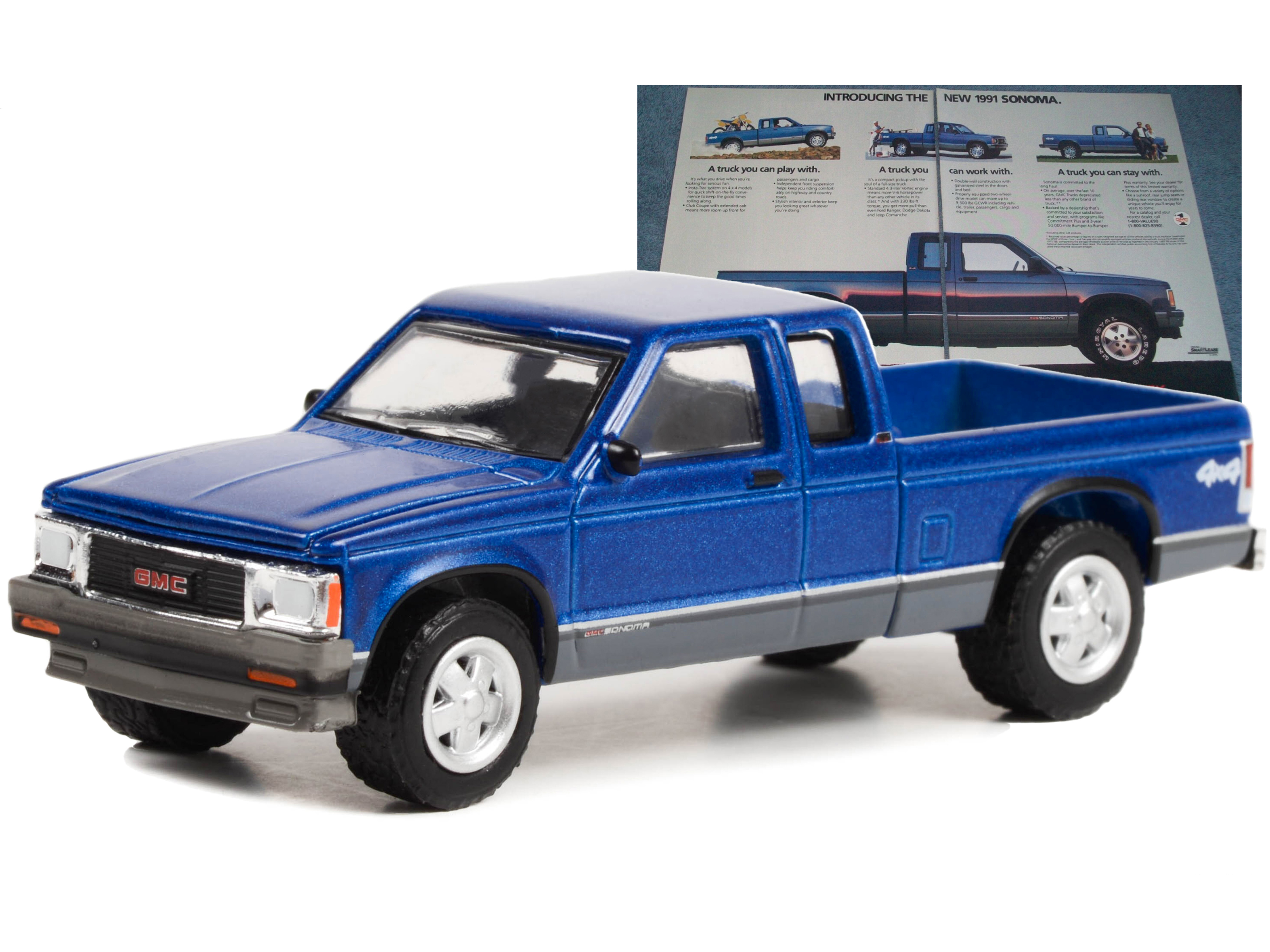 1991 GMC Sonoma Pickup Truck Blue Metallic and Gray "It's Not Just A Truck Anymore" "Vintage Ad Cars" Series 8 1/64 Diecast Model Car by Greenlight - Image 2