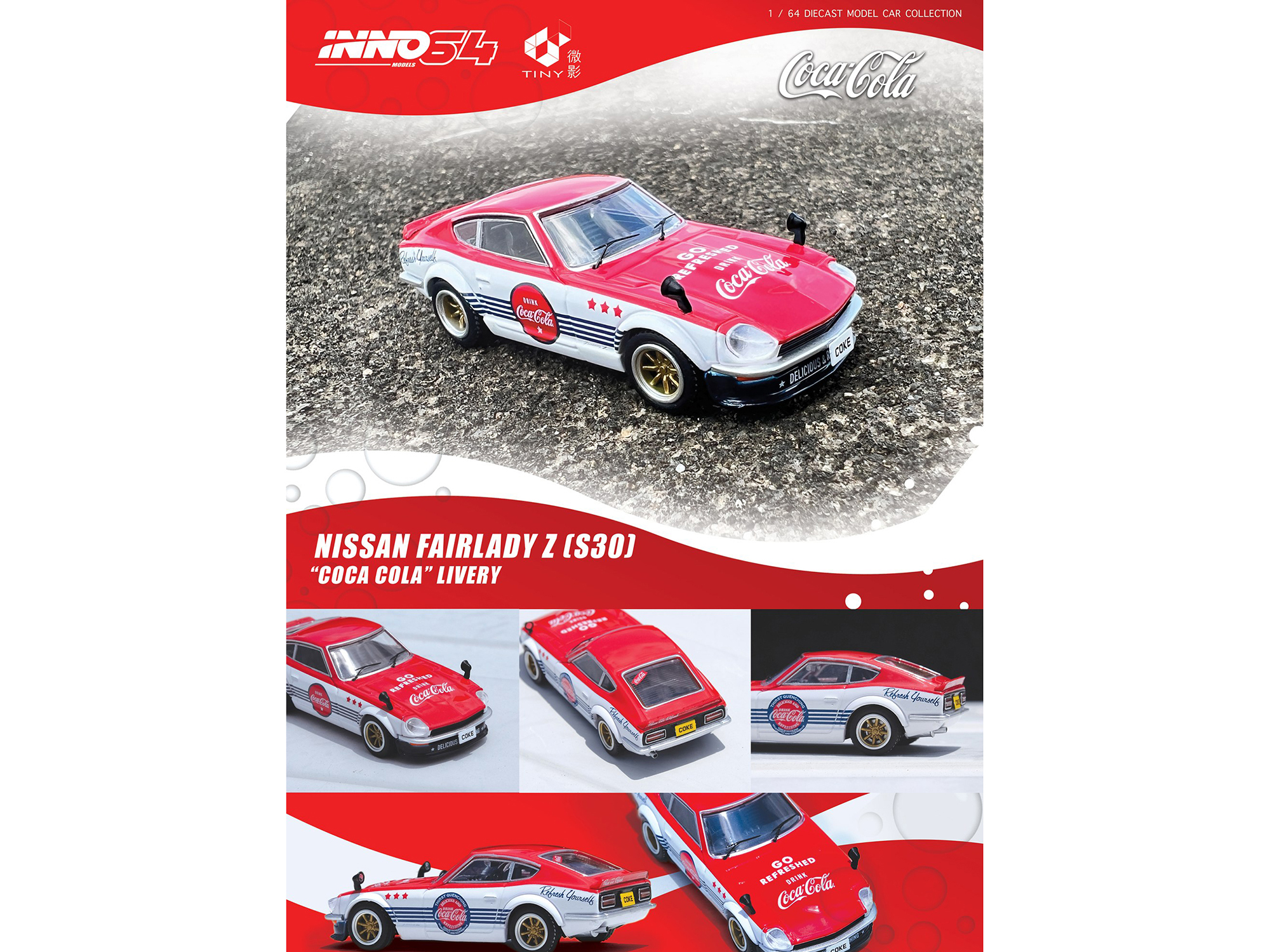Nissan Fairlady Z (S30) RHD (Right Hand Drive) Red and White with Blue Stripes "Coca-Cola" 1/64 Diecast Model Car by Inno Models