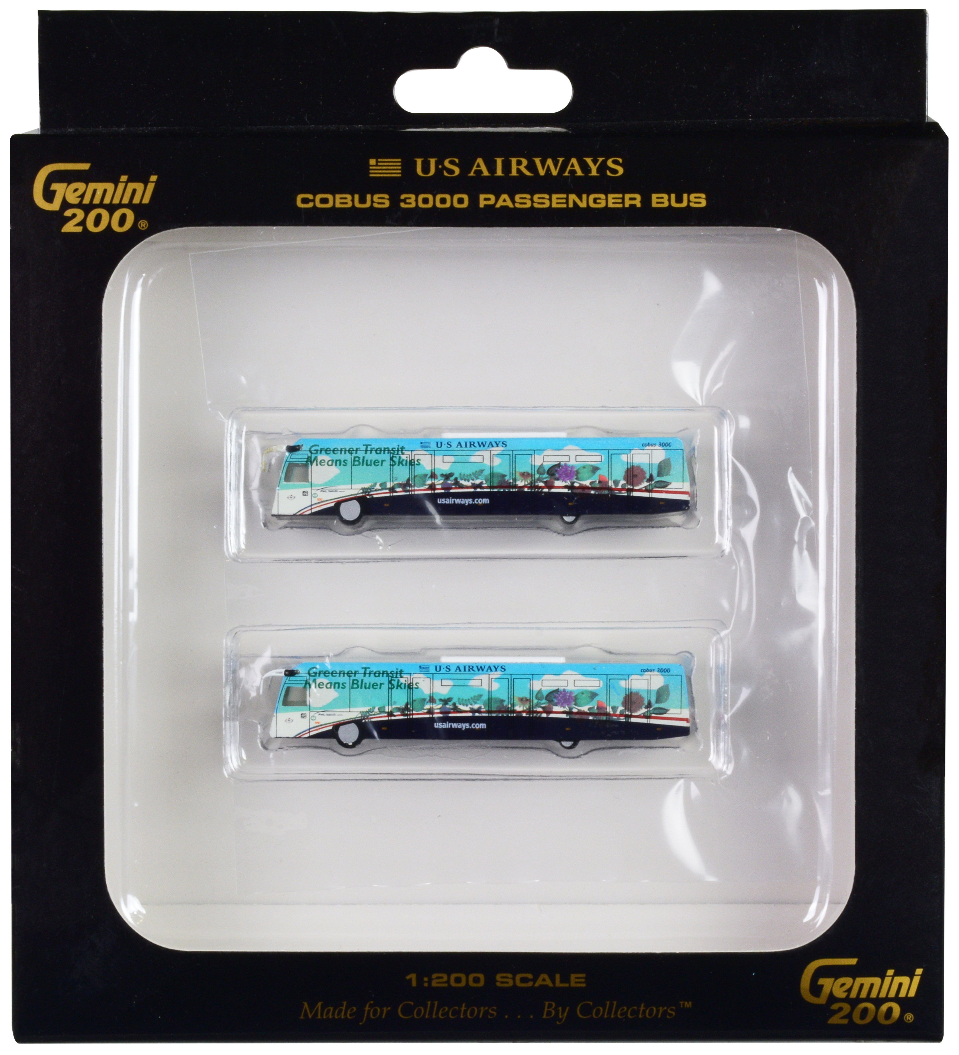 Cobus 3000 Passenger Bus White and Blue with Graphics "US Airways Shuttle Bus - Greener Transit" 2 Piece Set "Gemini 200" Series Diecast Models by GeminiJets - Image 2