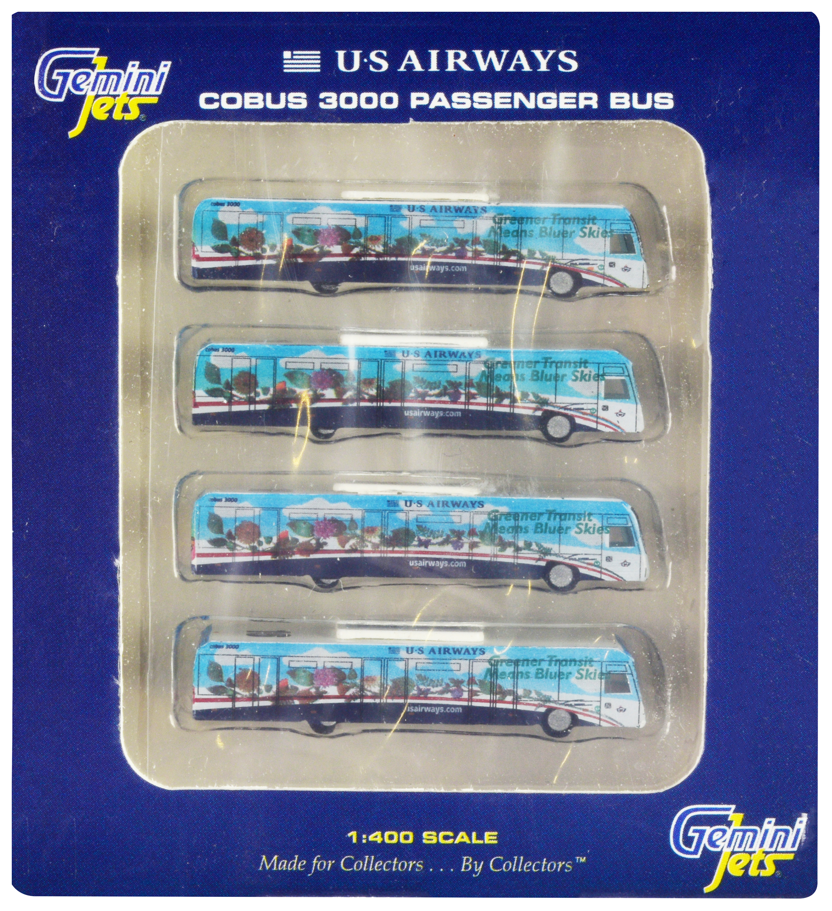 Cobus 3000 Passenger Bus White and Blue with Graphics "US Airways Shuttle Bus - Greener Transit" 4 Piece Set 1/400 Diecast Models by GeminiJets - Image 2