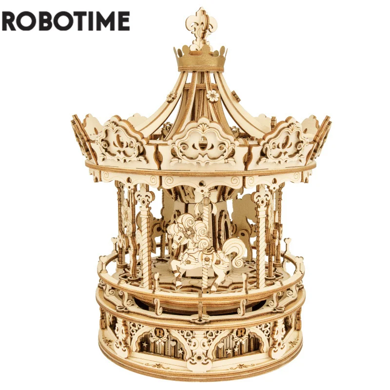 Wooden Carousel Music Box Puzzle 3D DIY Rotatable Romantic Game Gift for Children Kids Adult Assembly Toy