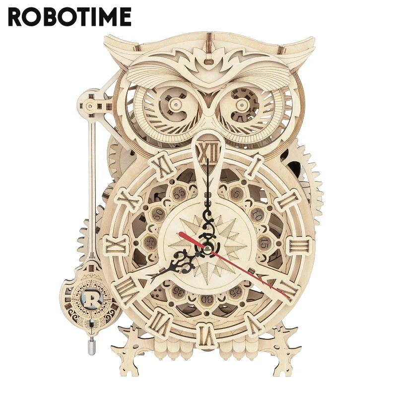 Owl Clock Wooden Model Building Block Kits: Creative DIY 3D Assembly Toy Gift for Children and Adults - Rokr 161pcs Robotime LK503