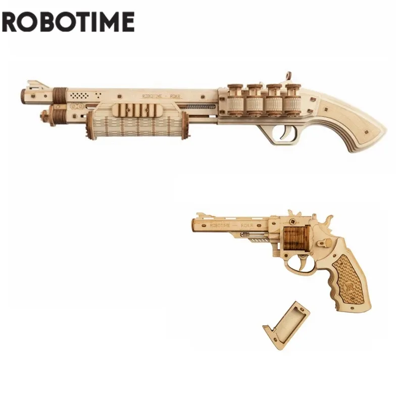 Rokr Diy Revolver, Scatter With Rubber Band Bullet Wooden Model Building Block Kit Assembly Toy Gift For Children Adult - 3D Puzzle Woodcraft Construction Kit