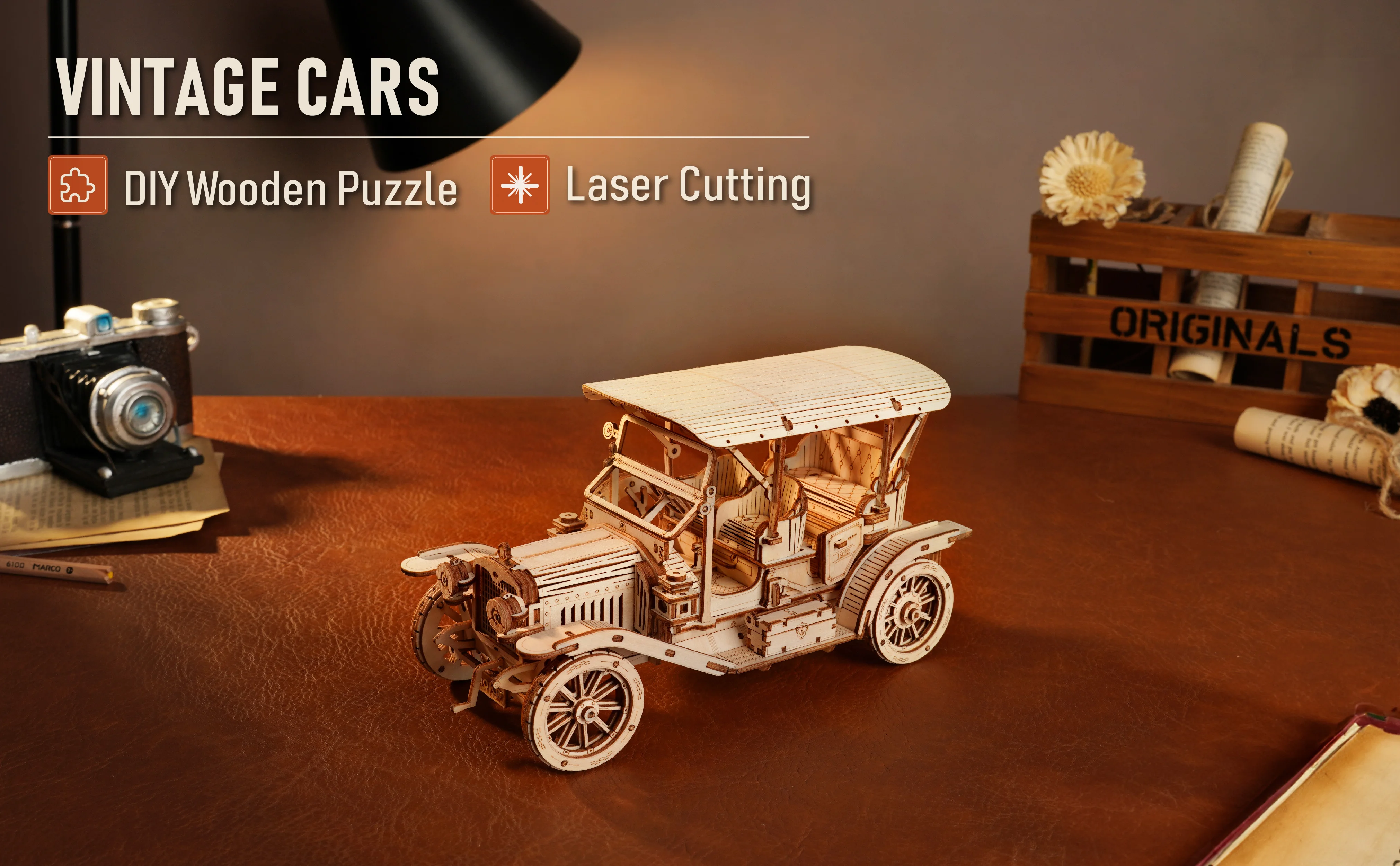 Vintage Car 3D Wooden Puzzle: Robotime Rokr MC801 Easy Assemble Building Block Kit for Kids and Adults - Ideal Children's Gift, Toy - Image 8