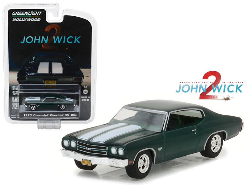 1970 Chevrolet Chevelle SS 396 Green with White Stripes "John Wick: Chapter 2" (2017) Movie "Hollywood Series" Release 18 1/64 Diecast Model Car by Greenlight